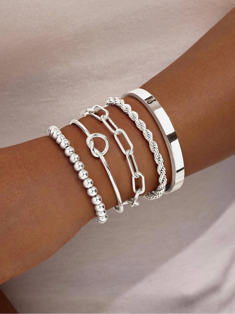 Silver Bracelet Set for Women 5 Piece Stackable Bracelets Waterproof Non Tarnish